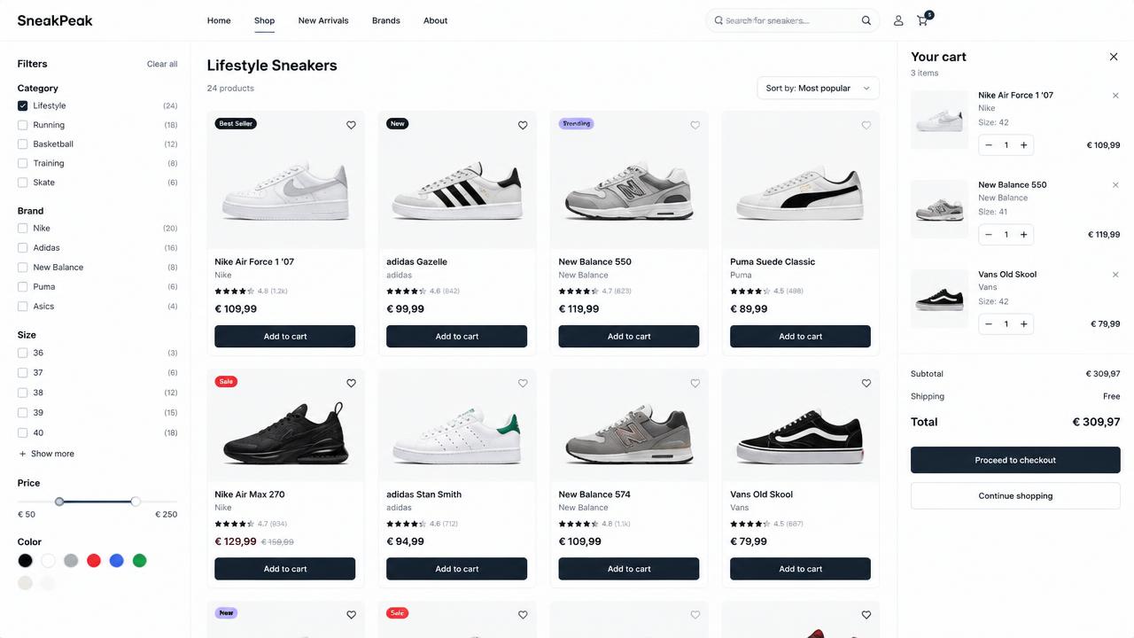 Voorbeeld Webshop gebouwd met AI: SneakPeak